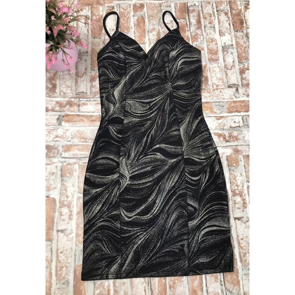 PAPAYA Gold shimmer black Spaghetti Strap Fitted Bodycon Party Dress Sm Padded